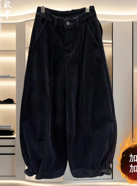 冬季加绒加厚大码高腰保暖束脚裤复古微胖MM灯芯绒宽松显瘦休闲裤