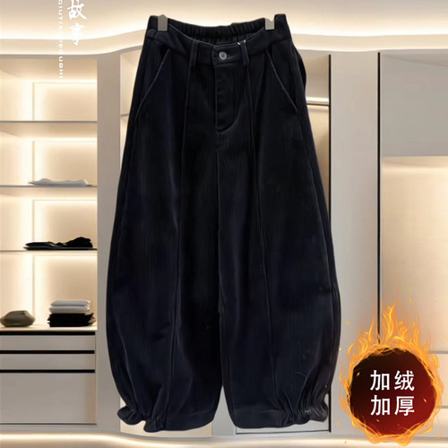 冬季加绒加厚大码高腰保暖束脚裤复古微胖MM灯芯绒宽松显瘦休闲裤