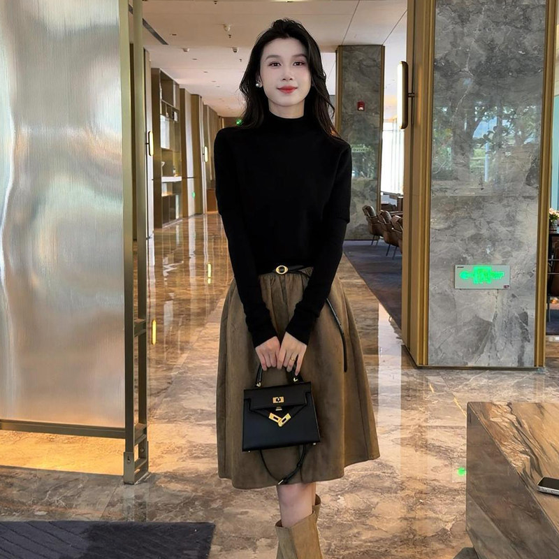 大码女士温柔风套装秋冬季胖mm修身长袖针织毛衣呢子半身裙两件套