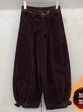 今年流行大码女士灯芯绒显瘦休闲裤冬季微胖MM加绒加厚百搭哈伦裤