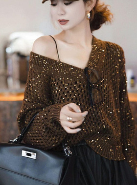 韩系亮片镂空慵懒v领大码针织衫女2025秋装胖mm宽松显瘦套头毛衣