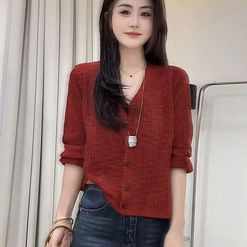 韩系超好看V领长袖针织衫女2026秋冬季大码胖mm宽松显瘦开衫毛衣