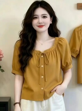 韩系胖mm黄色显白绑带衬衫女2026夏装大码宽松遮肉显瘦泡泡袖小衫