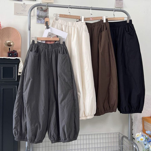 灰色松紧腰遮跨垂感夹棉灯笼裤