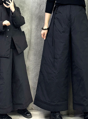 独特黑色巨显瘦胖mm高腰夹棉阔腿裤秋冬大码女装宽松百搭休闲长裤