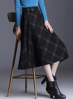毛呢格纹高腰法式半身裙2025秋冬大码胖mm显瘦女士中长款a字裙子
