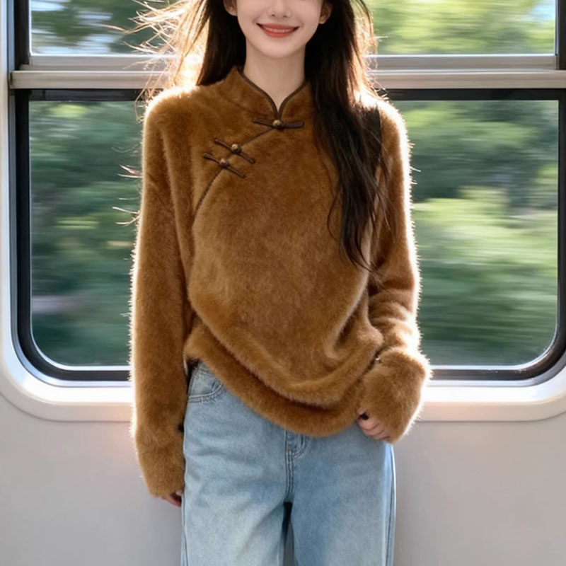 2026秋冬季别致绝美大码立领套头衬衫胖mm小个子盘扣宽松显瘦上衣