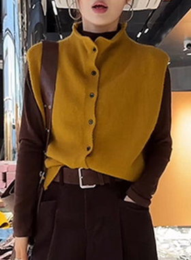 咖色半高领打底t恤内搭微胖mm大码马甲背心无袖女士秋季两件套装