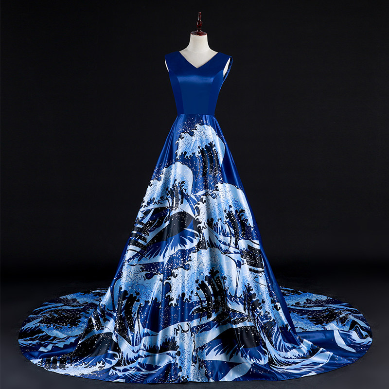 模特走秀大摆拖尾夸张水墨晚礼服