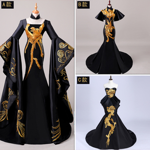 模特走秀中国风礼服2023新款高端气质晚礼服黑色舞台礼服公司年会