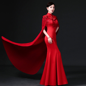 中国风鱼尾修身 年会舞台走秀演出服旗袍带披风晚礼服 敬酒礼服长款