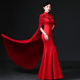 中国风鱼尾修身 敬酒礼服长款 年会舞台走秀演出服旗袍带披风晚礼服