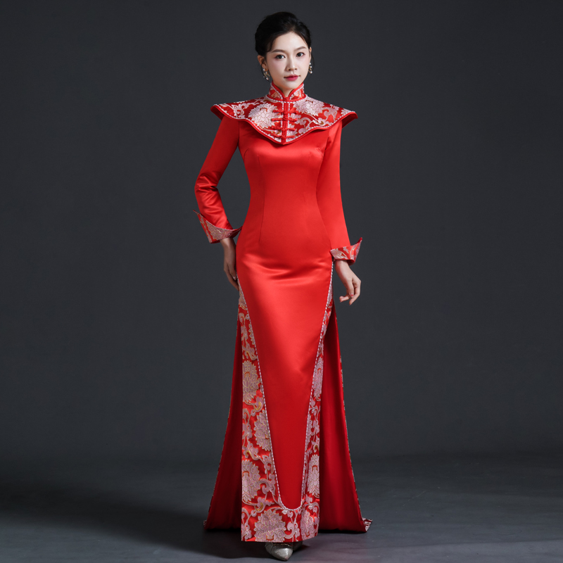 中国风高端走秀旗袍演出服红色