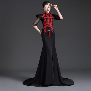 2024年高端黑色宴会晚礼服长款拖尾修身模特舞台走秀演出发鱼尾