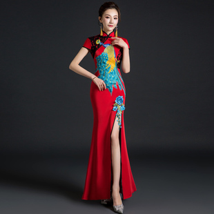 2025春夏鱼尾开叉旗袍长款舞台走秀演出服公司年会宴会晚礼服红色
