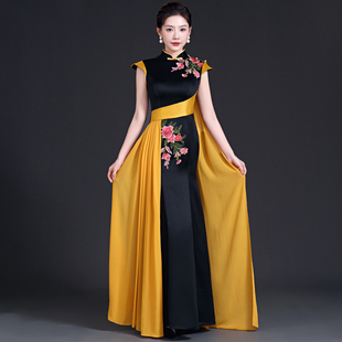 2023夏新款高晚礼服中国风女士鱼尾模特团体舞台走秀演出服黑色