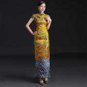 2021秋高端织锦缎龙袍旗袍高开叉模特队走秀演出服活动旗袍加厚