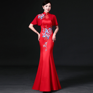 中国风高端走秀旗袍长款鱼尾修身宴会晚礼服新娘敬酒服缎面气质