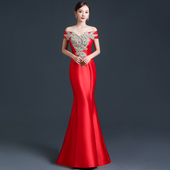 性感一字肩年会晚礼服模特团队走秀演出服鱼尾修身 敬酒服红色 长款