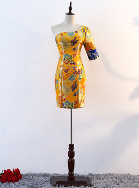 晚礼服女短款黄色龙袍礼服性感抹胸走秀演出服修身显瘦年会礼服