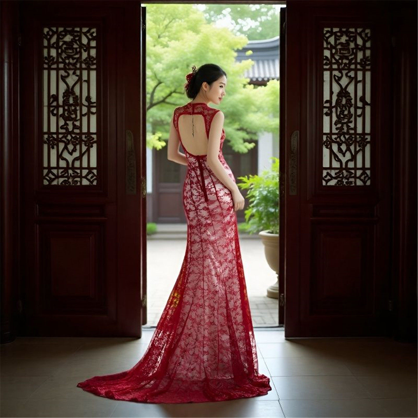 影楼主题婚纱新款红色蕾丝挂脖长裙拖尾高级感中式复古风摄影服装