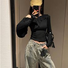 黑色荷叶边斜肩长袖t恤女春秋内搭修身显瘦辣妹短款上衣小众