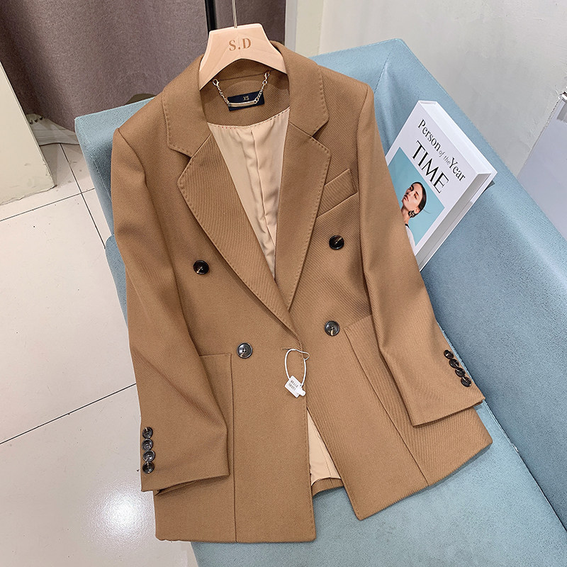 春秋新款休闲高级感小个子西服白色斜纹小西装外套宽松双排扣女士