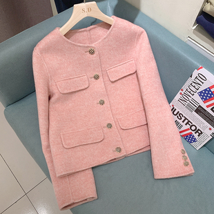 秋冬设计师款小香风双面羊毛大衣女士小个子时尚圆领短款羊绒外套