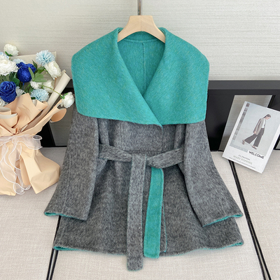 新款大翻领羊驼毛呢子外套海军