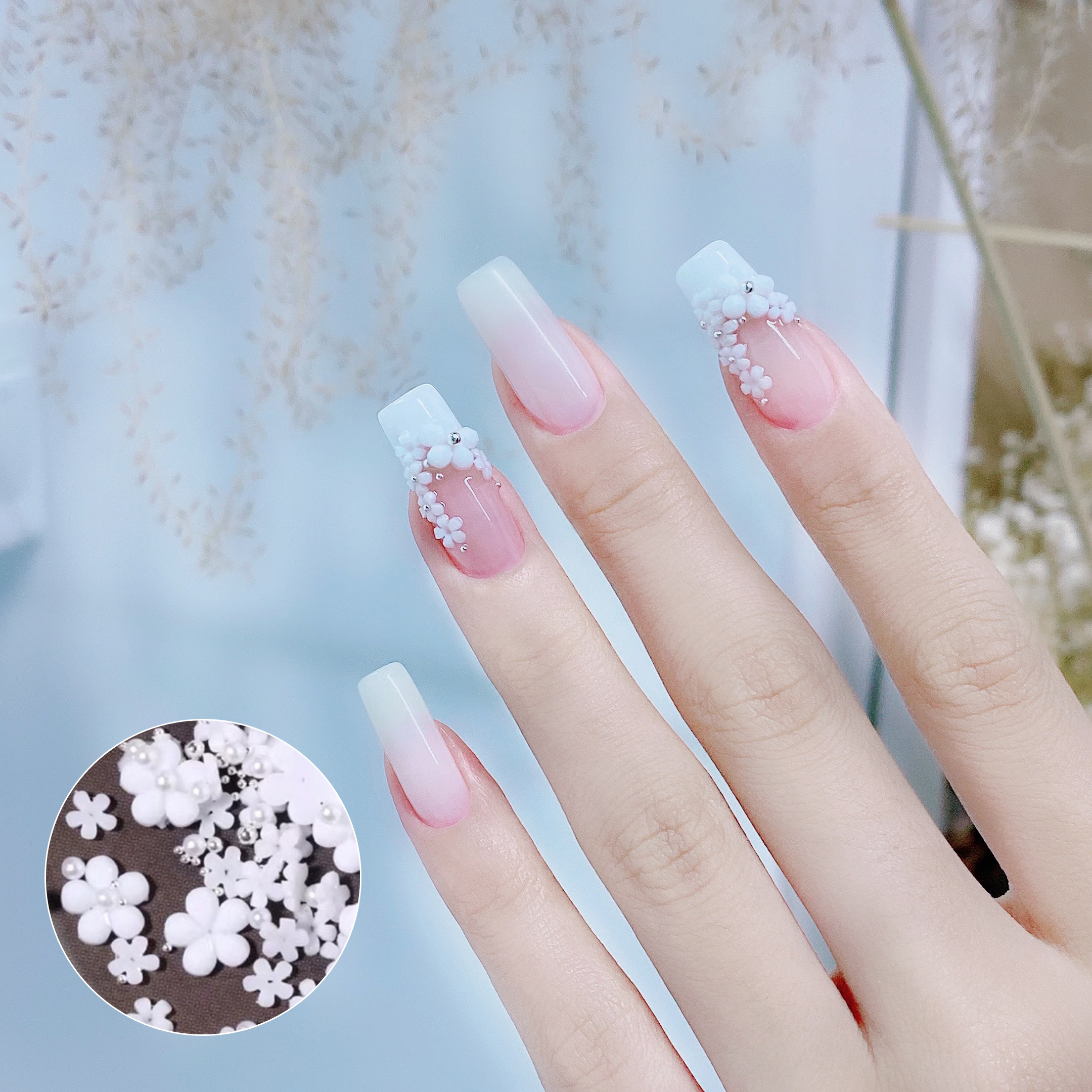 美甲立体小花花白色花花树脂五瓣花铆钉珍珠小白花混装指甲装饰品