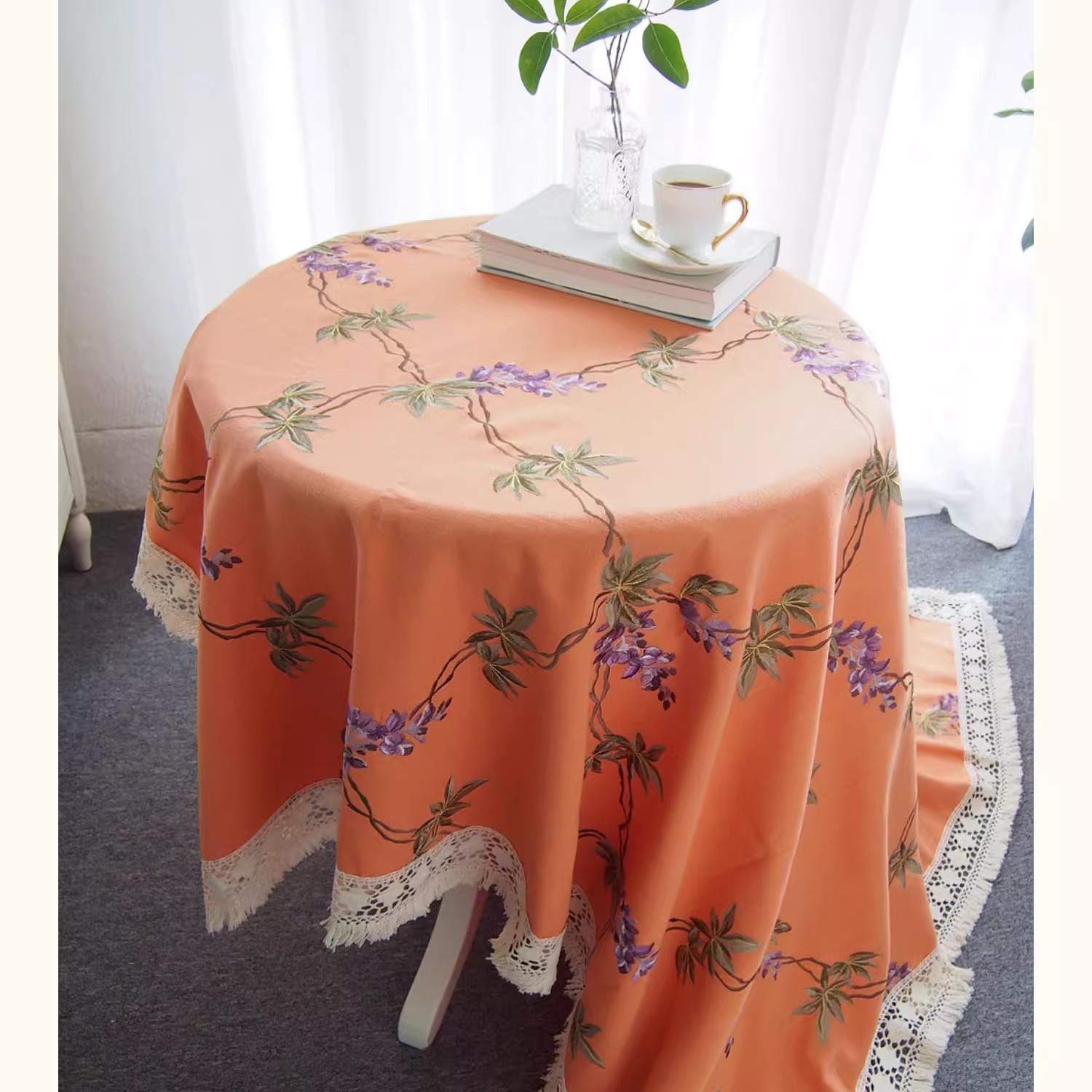 150X160cm紫藤花金线刺绣棉麻餐桌布法式田园圆桌长方形防尘台布