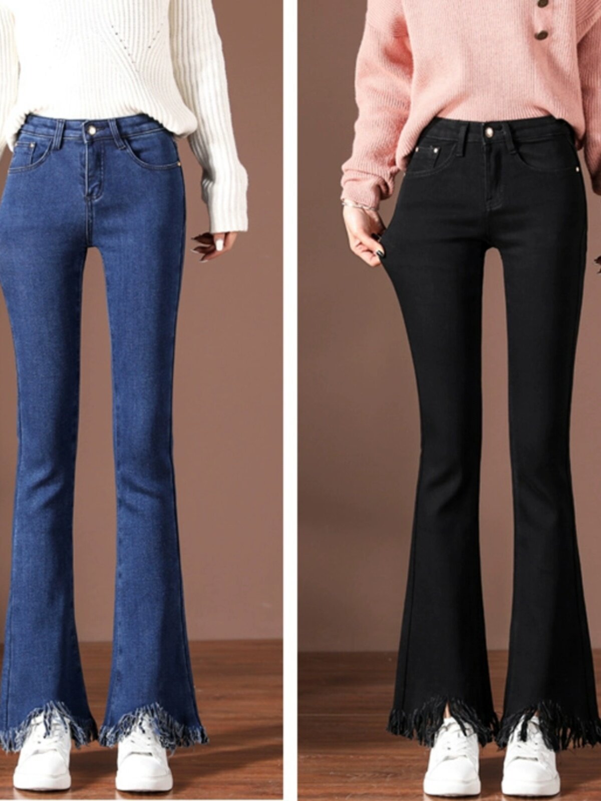 FLEECE MICRO FLARED JEANS WOMENS AUTUMN AND WINTER STRETCH HIGH-WAISTED SMALL BLACK SLIT EIGHT OR NINE POINTS WIDE-LEG PANTS ARE HIGH