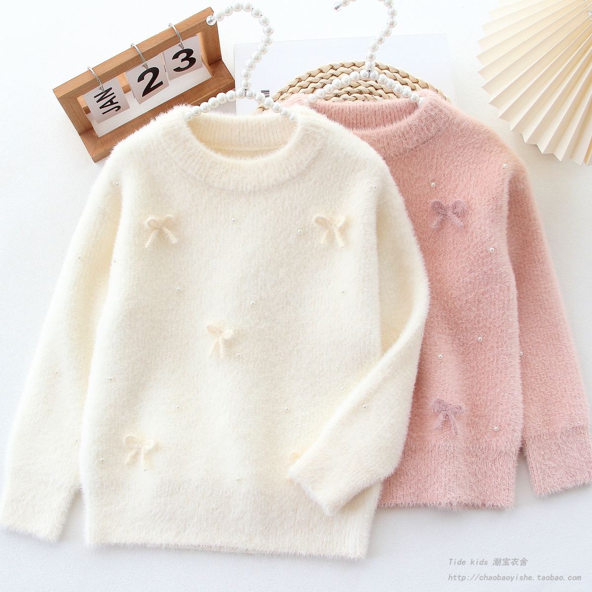 女孩冬装蝴蝶结加厚仿水貂绒毛衣