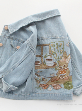 女童牛仔外套棉儿童洋气春秋装韩版宽松上衣女孩兔子刺绣夹克开衫