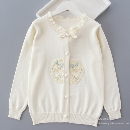 女童春秋国风刺绣薄款纯棉针织衫