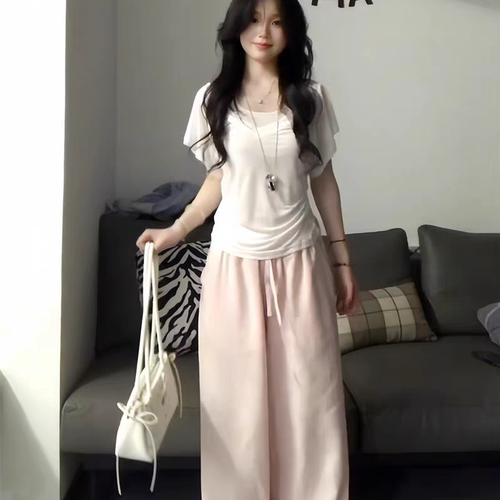夏季温柔甜美挂脖背心上衣套装女款小个子女正肩t恤阔腿裤两件套