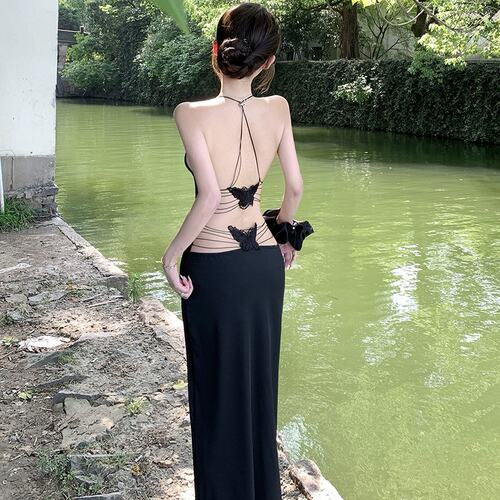实拍 性感绑带蝴蝶露背连衣裙中长款小众设计包臀紧身裙