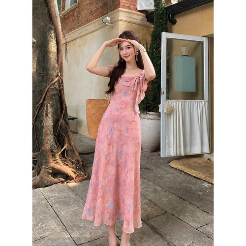 实拍 夏季新款女装法式优雅蝴蝶结印花裙子雪纺碎花连衣裙女