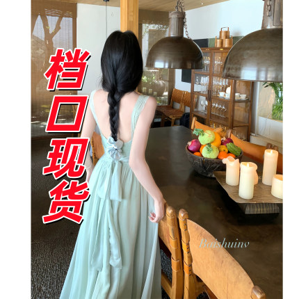 白水女 花与爱丽丝 方领蕾丝裙女夏季度假风垂感显瘦大摆连衣裙