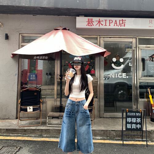 美式复古超好看牛仔七分裤夏季新款宽松短裤子