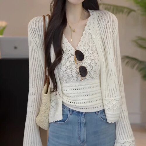 杏色钩花镂空针织开衫女夏季薄款罩衫2026新款叠穿背心上衣两件套