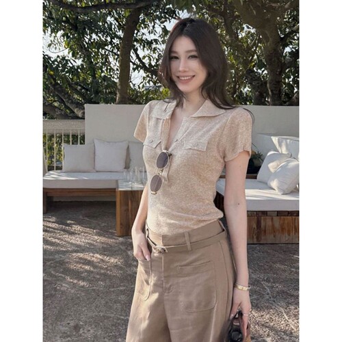 老钱风翻领亚麻针织短袖T恤女夏季2026新款修身显瘦polo正肩上衣
