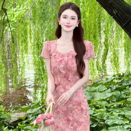 現货  LiLi李李家玫瑰絮语法式浪漫度假风荷叶边鱼尾连衣裙