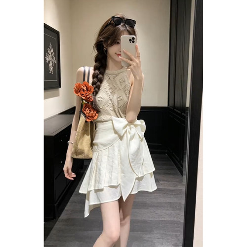 韩系独特漂亮穿搭一整套裙子女夏季吊带背心上衣蝴蝶结短裙两件套
