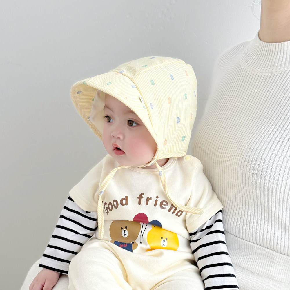 彩色波点大檐婴儿帽子春秋薄款宝宝护卤门帽护耳包头防晒遮阳帽