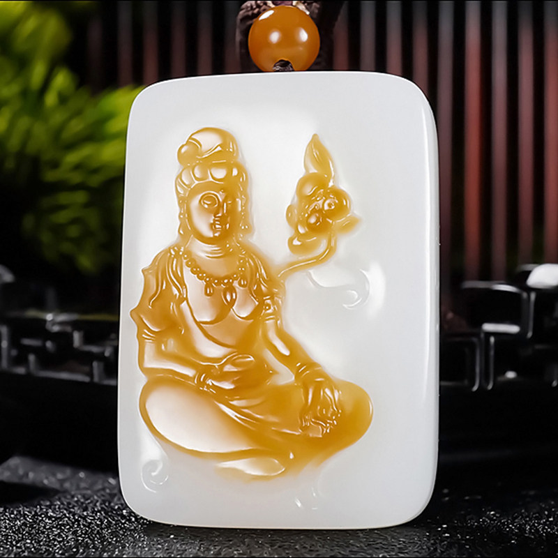 新疆大师冯立辉作品和田玉且末金山料糖羊脂白玉观音挂件58.83克