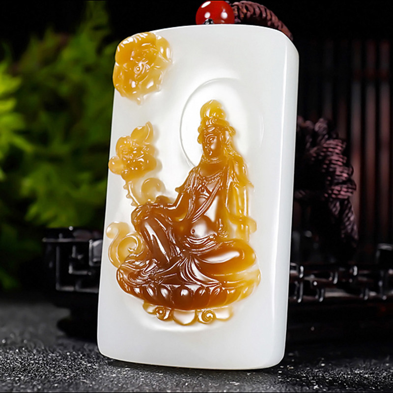 新疆大师冯立辉作品和田玉且末金山料糖羊脂白玉观音挂件114.12克