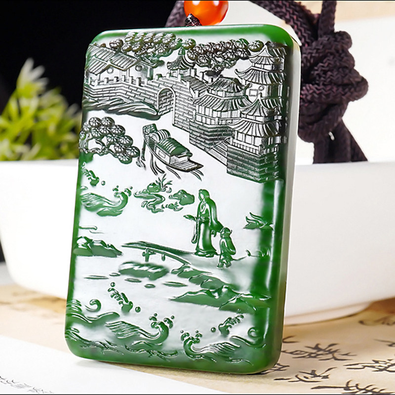 新疆大师张亚龙作品和田玉俄料阳绿7号矿红皮碧玉山水牌67.53克