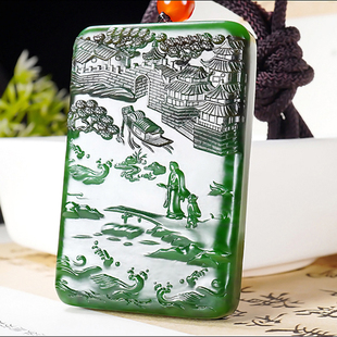 新疆大师张亚龙作品和田玉俄料阳绿7号矿红皮碧玉山水牌67.53克