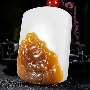 新疆冯立辉作品和田玉且末金山料糖羊脂白玉笑佛挂件56.86克